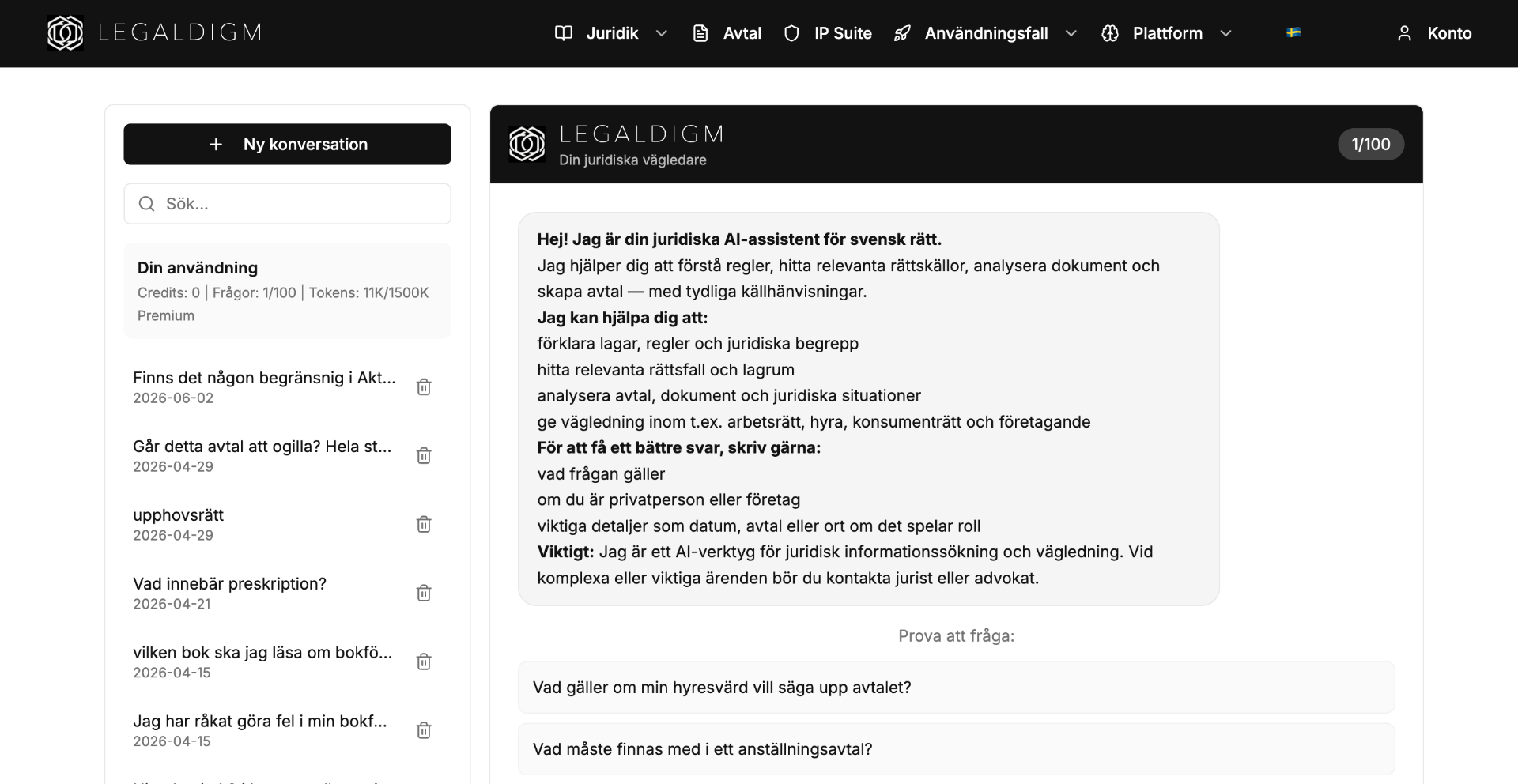 LEGALDIGM AI-jurist svarar på en juridisk fråga med källhänvisningar